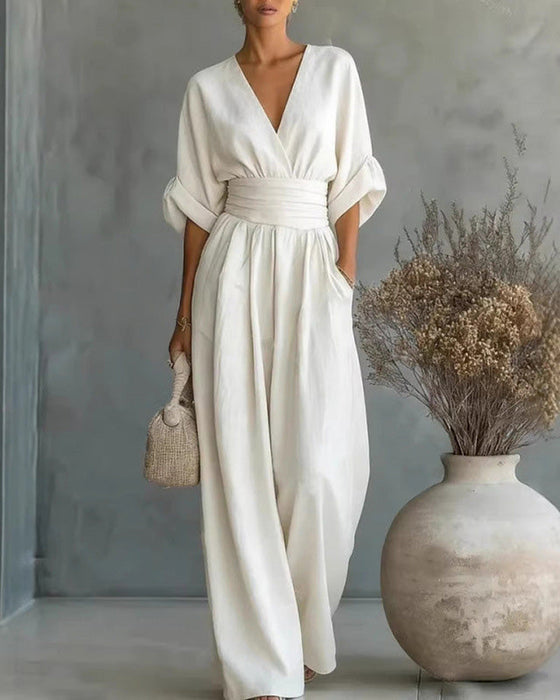 Jumpsuit V-Hals Kors Midjekniping Bred Ben