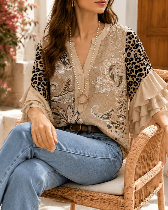 Bluse Leopard Trykk Panel Ruffle Erme