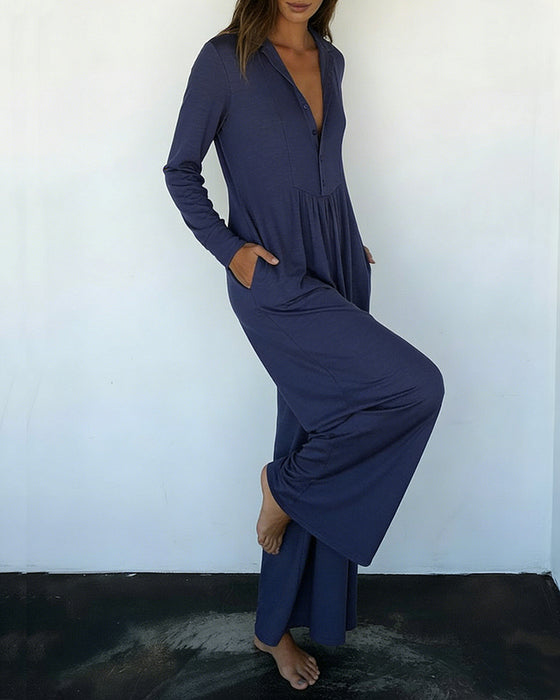 Jumpsuit Ensfarget Knapper Opp Casual