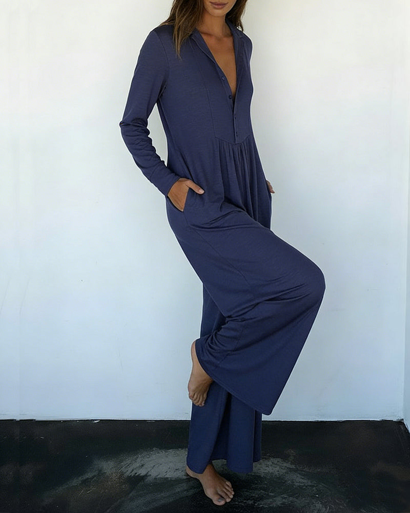 Jumpsuit Ensfarget Knapper Opp Casual