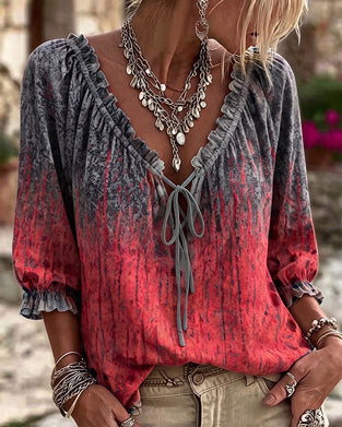 Bluse Gradient Tie-Dye Dragsnor Tre Kvarter Erme