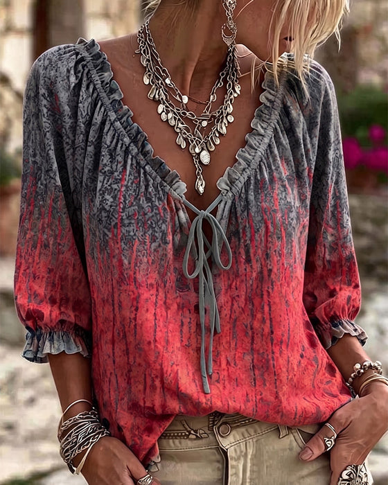 Bluse Gradient Tie-Dye Dragsnor Tre Kvarter Erme
