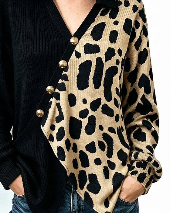 Pullover Leopard Patchwork Asymmetrisk Knappestolpe Fargeblokk