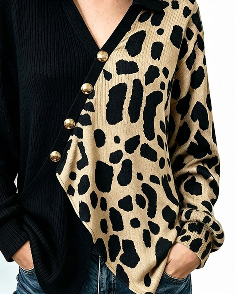 Pullover Leopard Patchwork Asymmetrisk Knappestolpe Fargeblokk