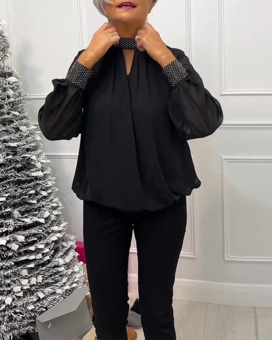 Mote ensfarget bluse med stativ krage patchwork og hul