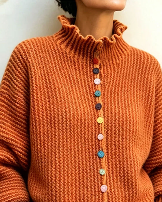 Pullover Farge Knapp Ruffle Kant Strikket