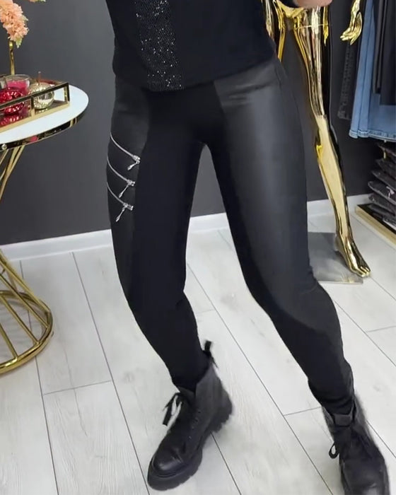 Leggings PU Lappverk Glidelås Utsmykket