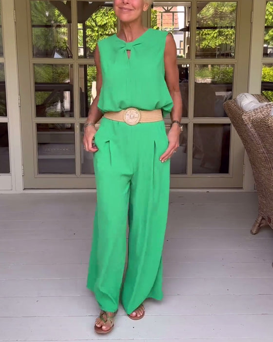 Ermeløs tank top brede ben bukser sett med solid farge og hul