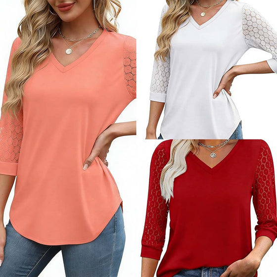 Sett Hul Trekvart Erme Solid Farge Topp