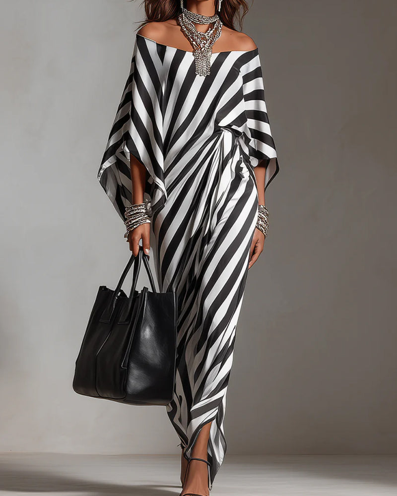 Kjole Off-shoulder Flaggermuserme Stripe Lang