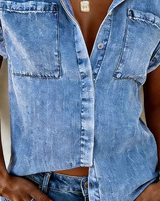 Skjorte Denim Lomme Jakkeslag