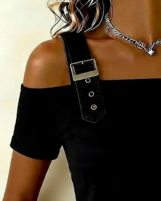 T-Skjorte Justerbart Spenne Off-Shoulder Ensfarget Avslappnet