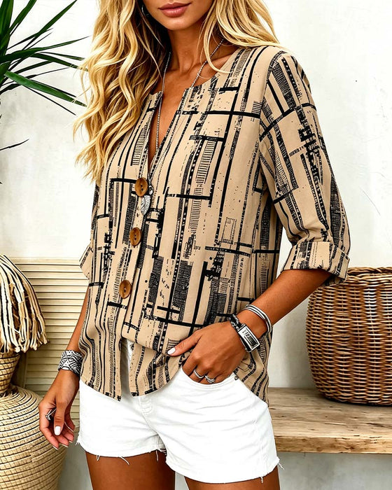 Bluse V-Hals Knappestang Stripet