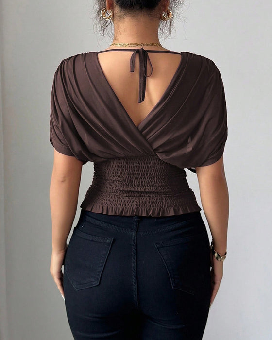 Bluse Solid Farge Dyp V-Hals Midje Kort Erme