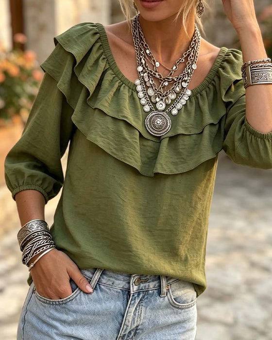 Bluse Dobbelt Lag Ruffle Tre Kvarter Erme