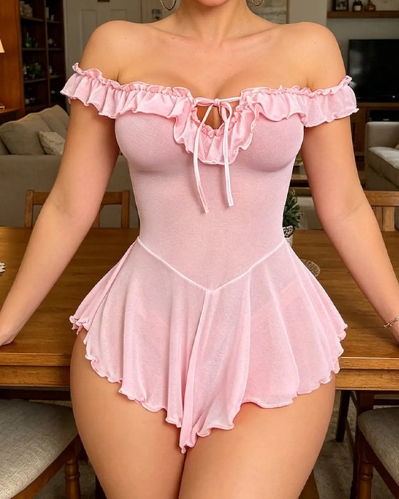 Lingerie Med Off Skulder Rynket Snøring Nett