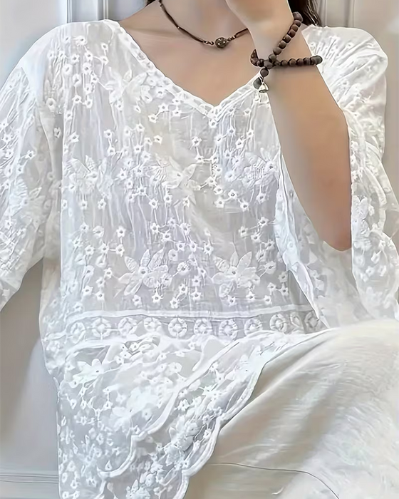 Bluse Kort Erme Blonder Trim