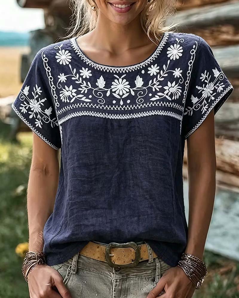 Bluse Daisy Vine Rundhalset Løs Casual