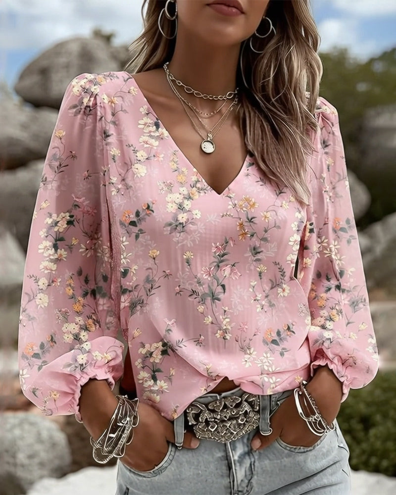 Bluse Blomstret V-Hals Pufferme