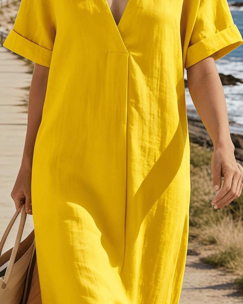 Kjole Ren Bomull Kortermet V-Hals Rett