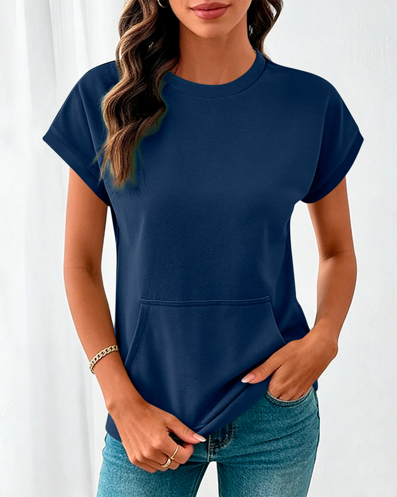 Bluse Forlomme Ensfarget Rund Hals