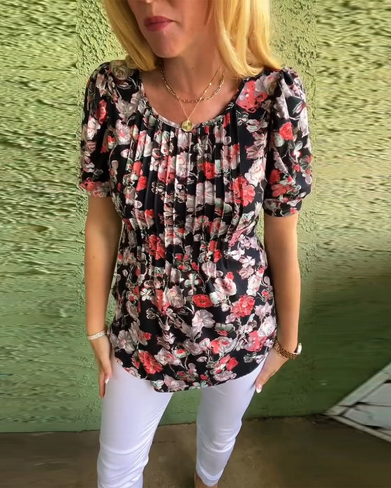 Bluse Rund hals Bufset erme Plissert Blomstret