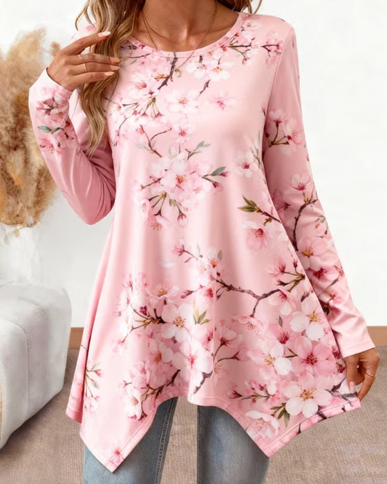 Bluse Rundhalset Blomstret Lang Erme