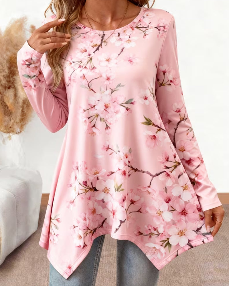Bluse Rundhalset Blomstret Lang Erme