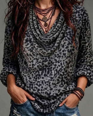 Bluse Mock Hals Leopard Lang Erme