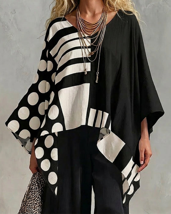 Bluse Polka Dot Stripe Patchwork V Hals