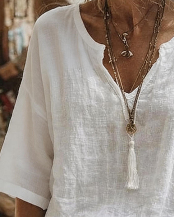 Topp V-Hals Halv Erme Solid