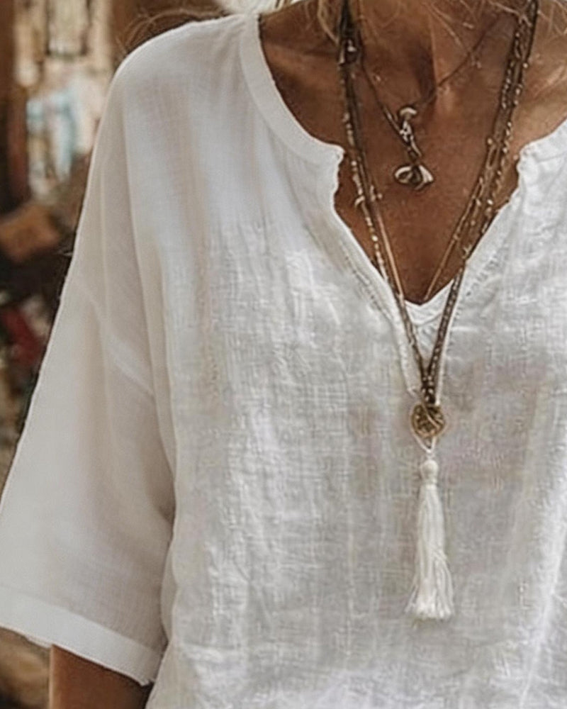 Topp V-Hals Halv Erme Solid