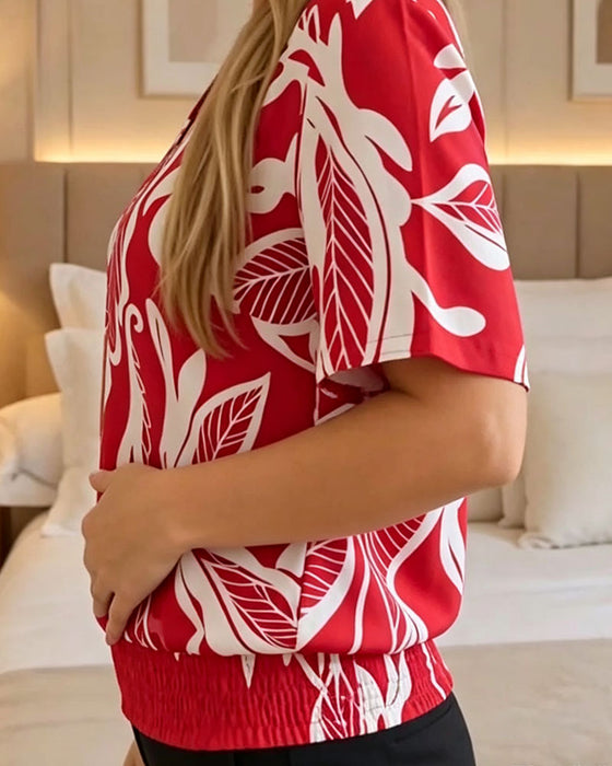 Bluse Blomstertrykk Strikk Kant Kortermet