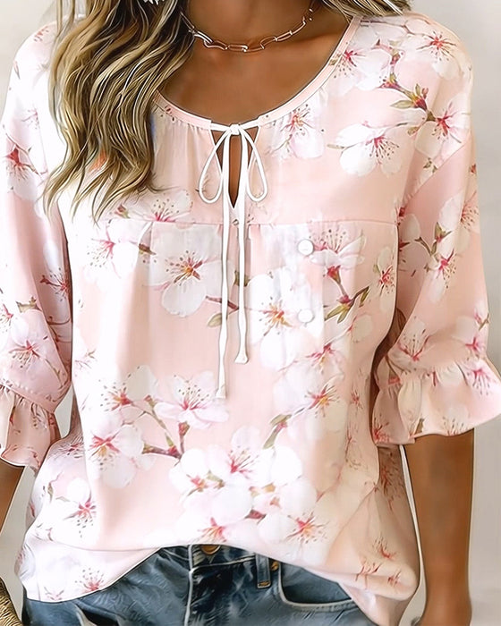 Bluse Kirsebærblomsttrykk Slips