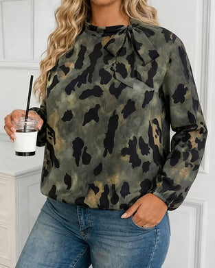 Bluse Kamuflasje Leopard Trykk Skjerf Knyte Puffererme