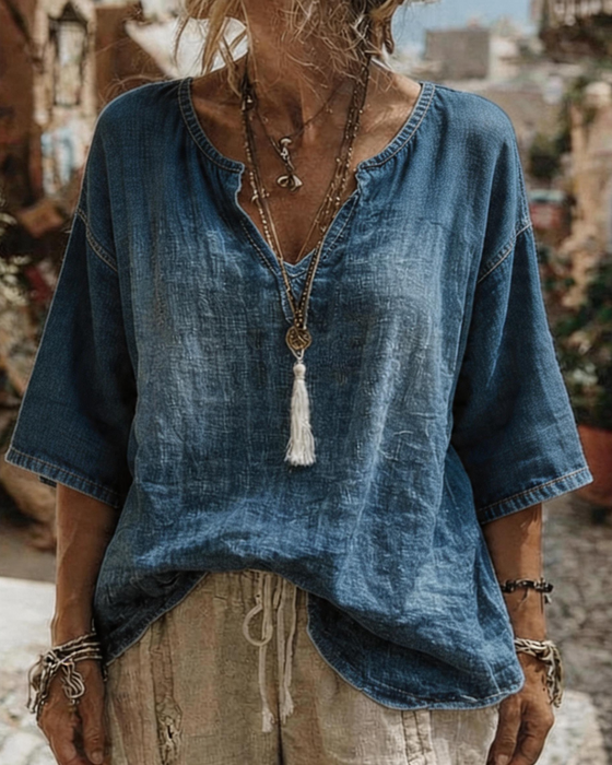 Topp V-Hals Denim Halv Erme