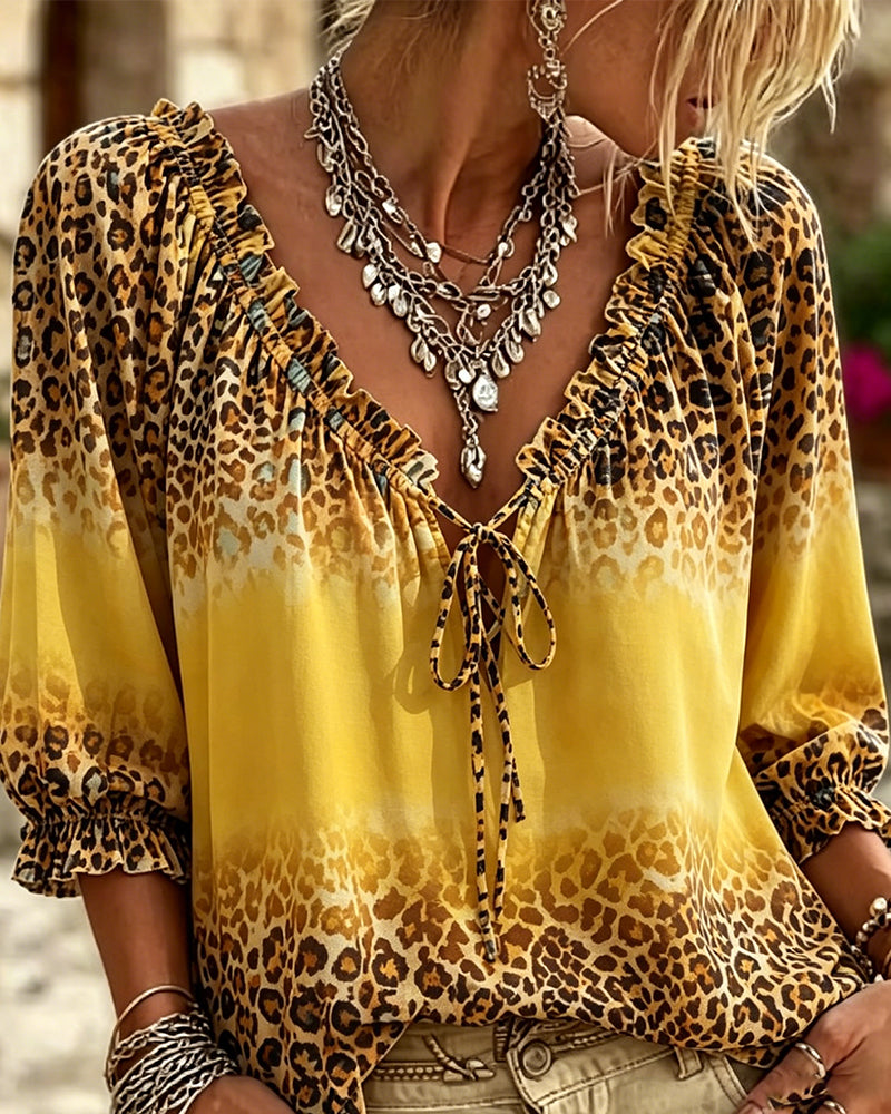 Bluse V-Hals Leopardmønster Snøring