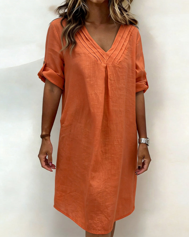 Kjole Med V-Hals Og Plissert Bomull-Lin