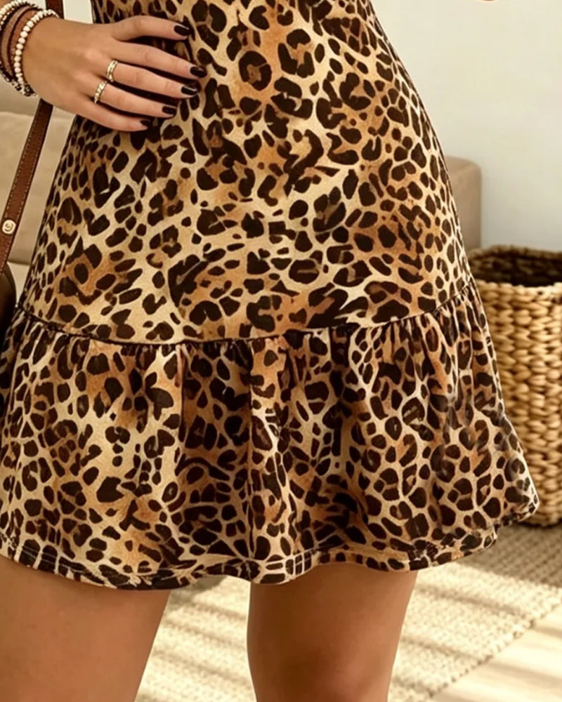 Kjole Leopard Trykk Kort Erme Ruffle Mini