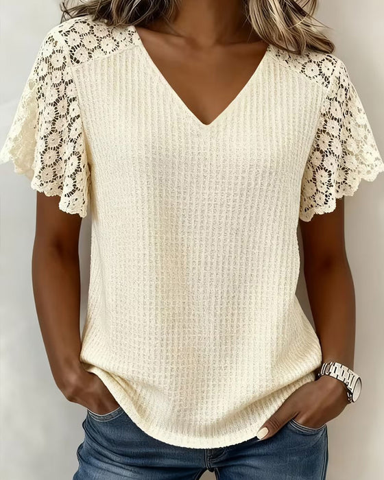 T-Skjorte V-Hals Vaffel Blonde Patchwork Solid