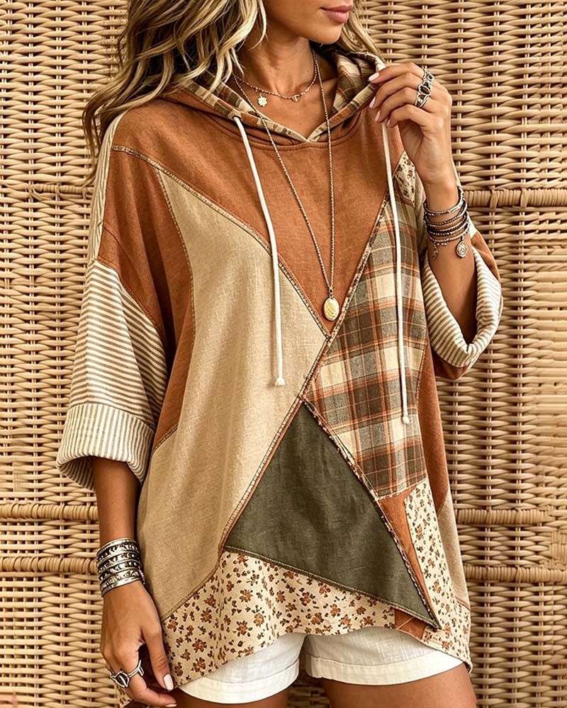 Hoodie Rute Stripe Blomstret Patchwork