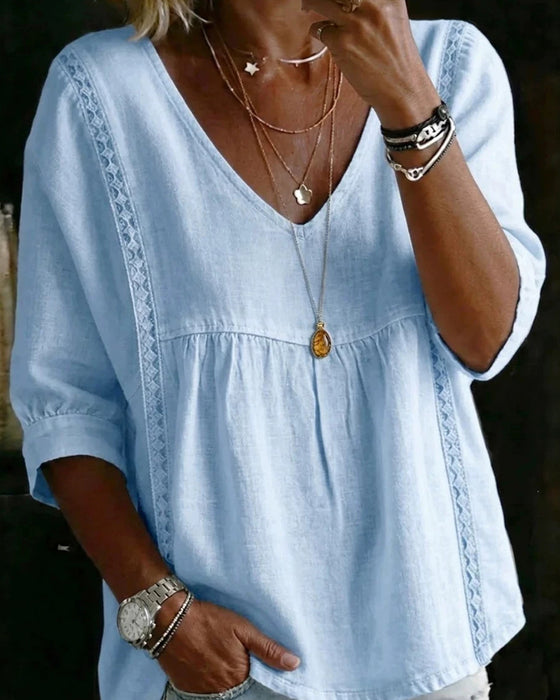 Bluse Ruffle Kant V-Hals Albuelang Erme