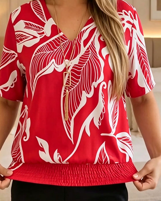 Bluse Blomstertrykk Strikk Kant Kortermet