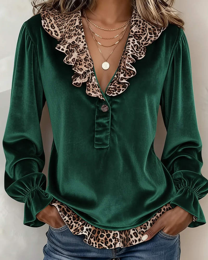 Topp V-Hals Knapp Ruffle Leopard