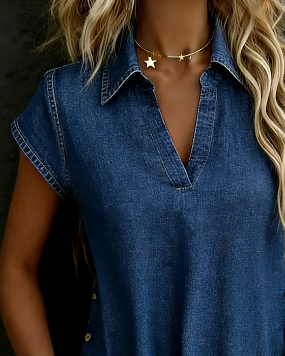 Bluser V-Hals Kortermet Denim Knapp