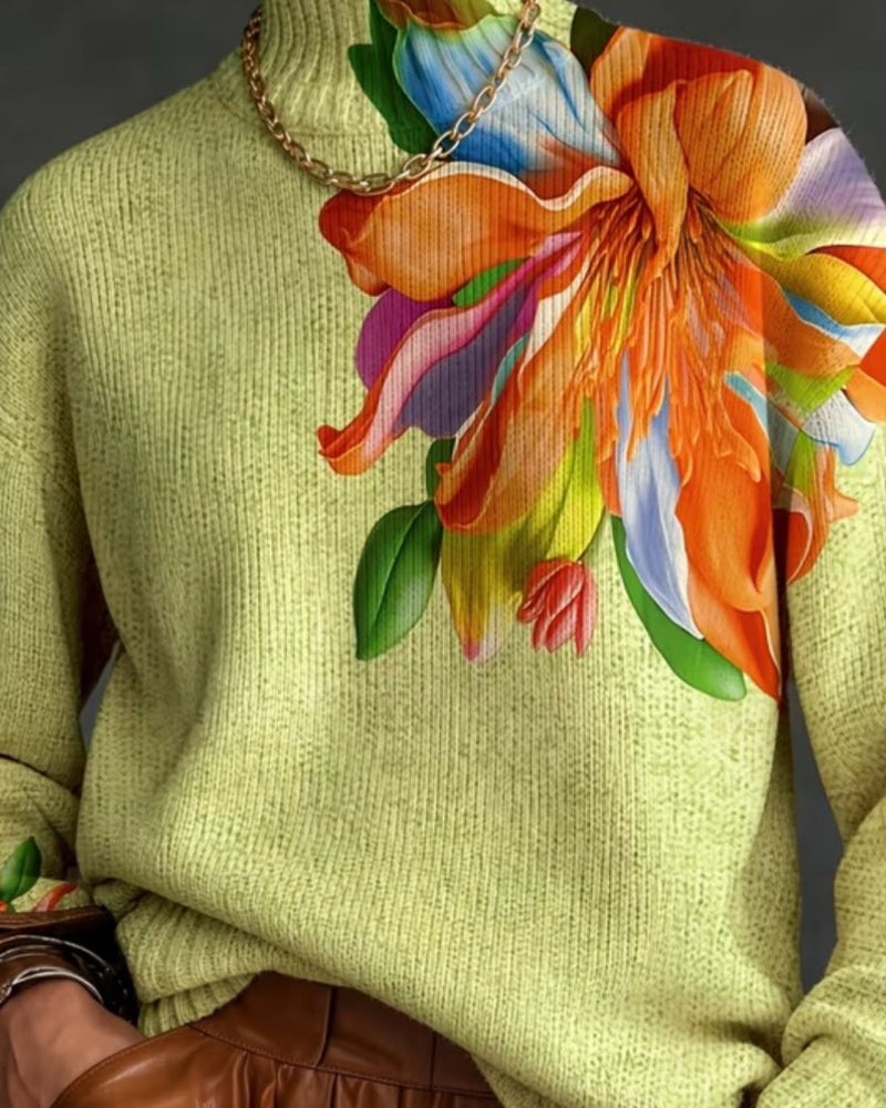 Genser Høyhalset Blomstermønster Kontrast Langermet