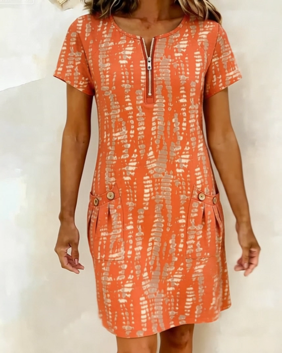 Kjole Trykt Halv-Glidelås Stor Lomme