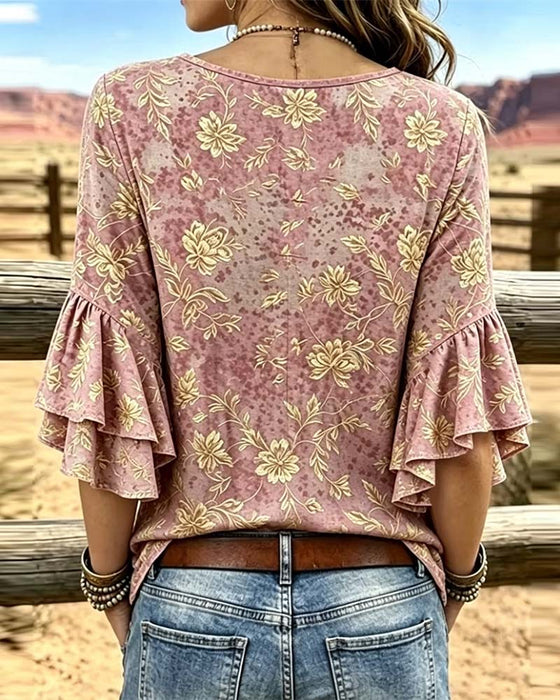 Bluse Retro Trykk Løs Rysj