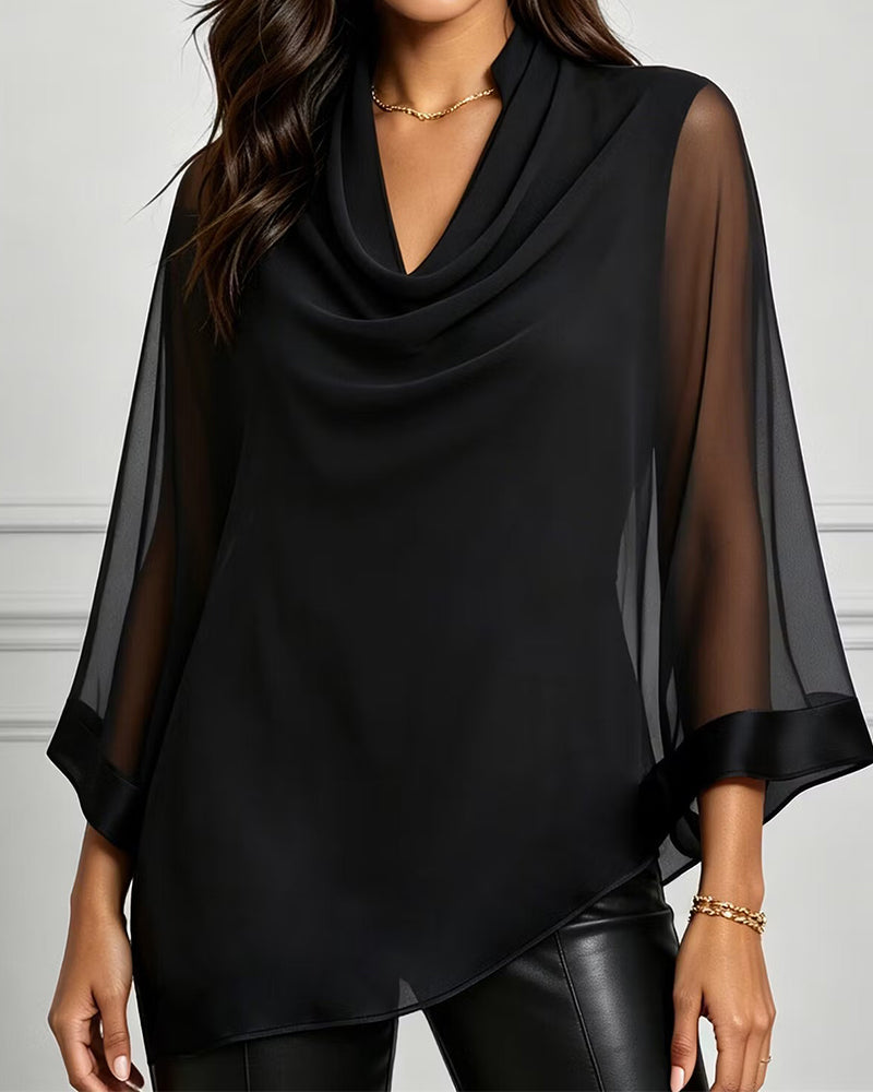 Bluse Cowl Neck Uregelmessig Solid Sheer