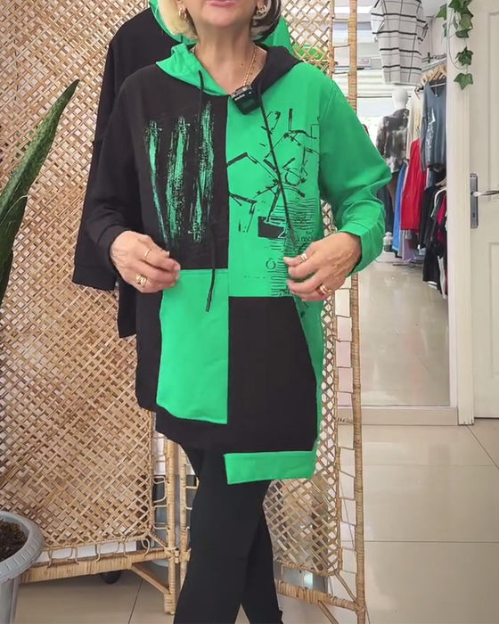 Sweatshirt casual hette fargeblokktrykk